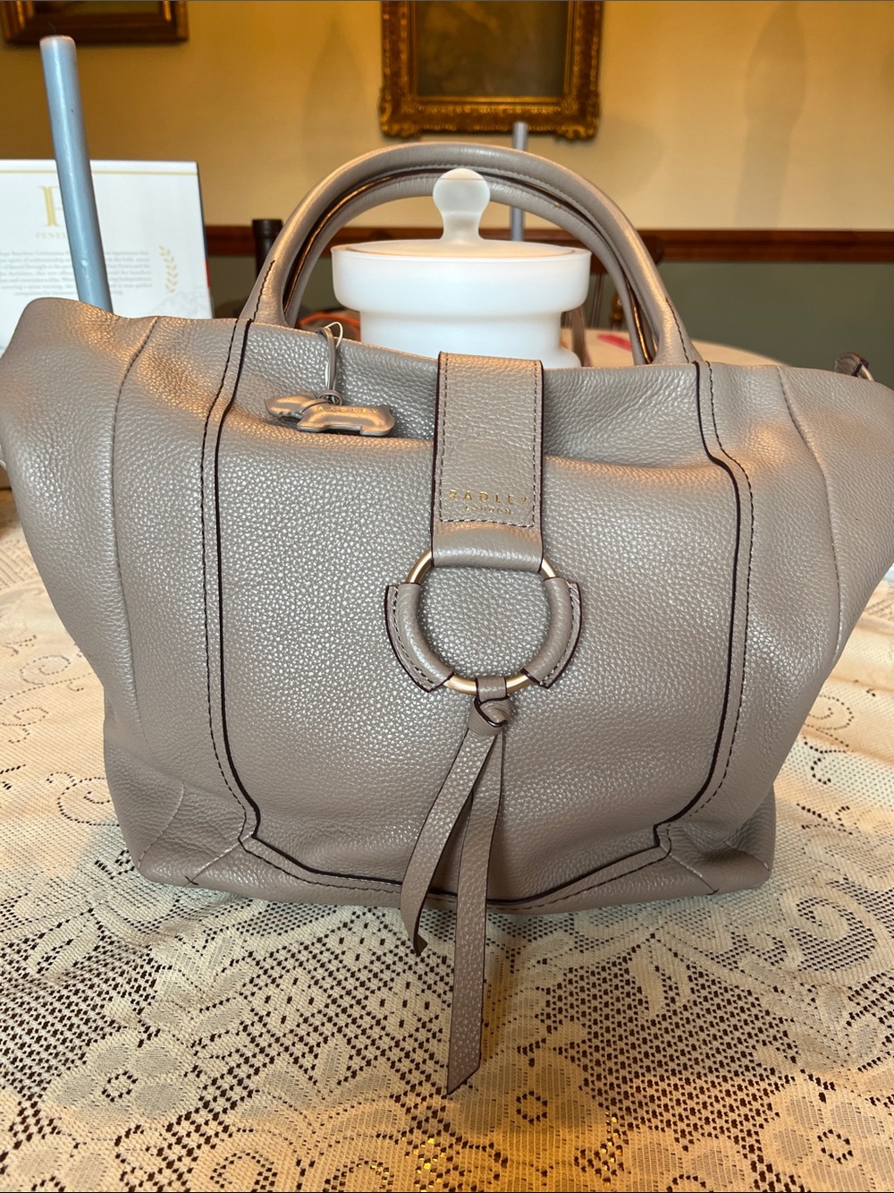 RADLEY LONDON Taupe Pebbled Leather Ring-Front Satchel